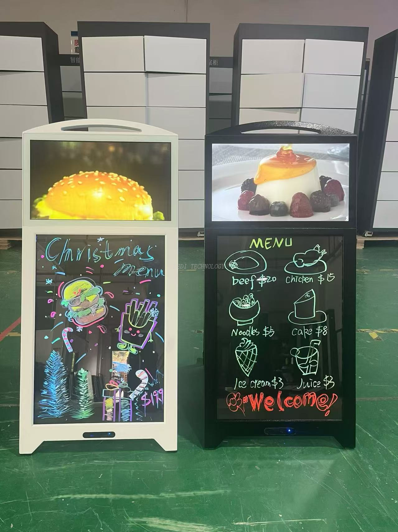 Portable Digital Signage with 21.5'' LCD Screen and 32'' LED Message Writing Board, Rechargeable Battery (10-14H) Digital Signage and Wheels